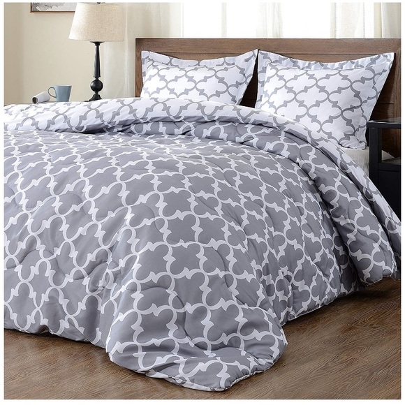 Reversible Lightweight Comforter Set 3 Grey White - Picture 1 of 5